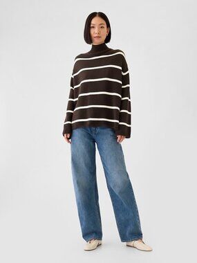 GAP brown and White Striped mockneck split hem oversized Sweater